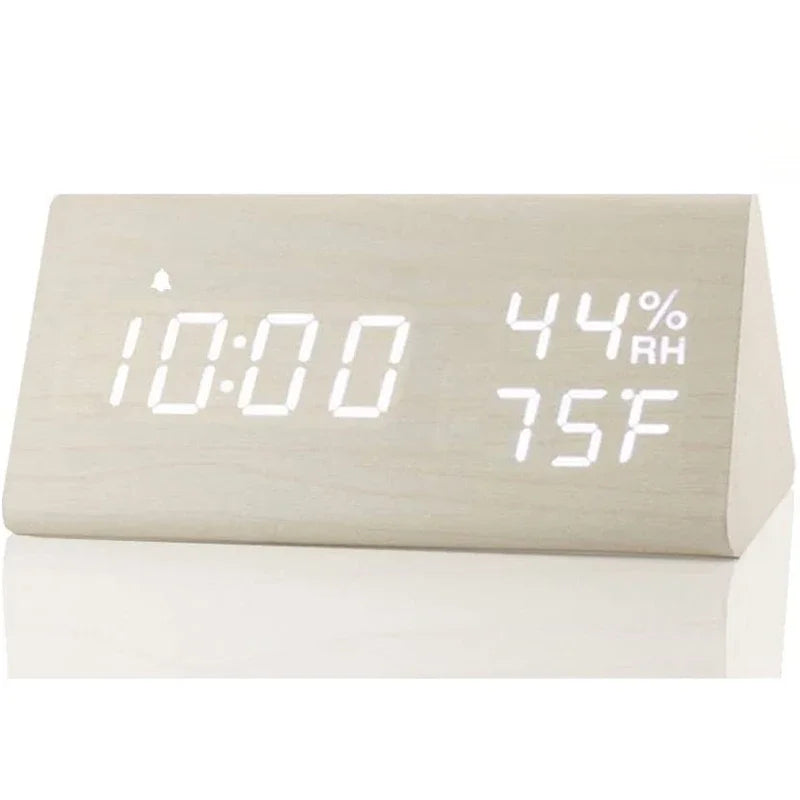 Wooden alarm clock led time display usb charger humidity and temperature detection digital for bedside table - white