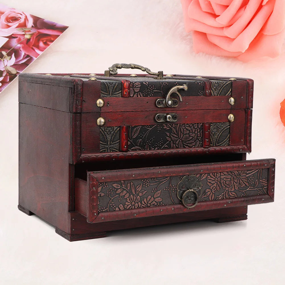 Vintage wooden jewelry box case holder necklace earrings storage organizer with mirror wood - box