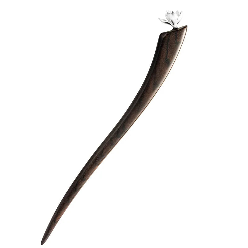 New 100% s925 pure silver women’s men retro hairpin ebony wood magnolia blossom chinese style hanfu hair accessories