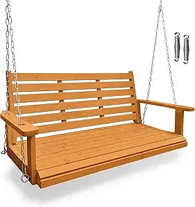 Wooden porch swing ergonomic seat bench with hanging chains and 7mm springs heavy duty 880 lbs for outdoor patio garde
