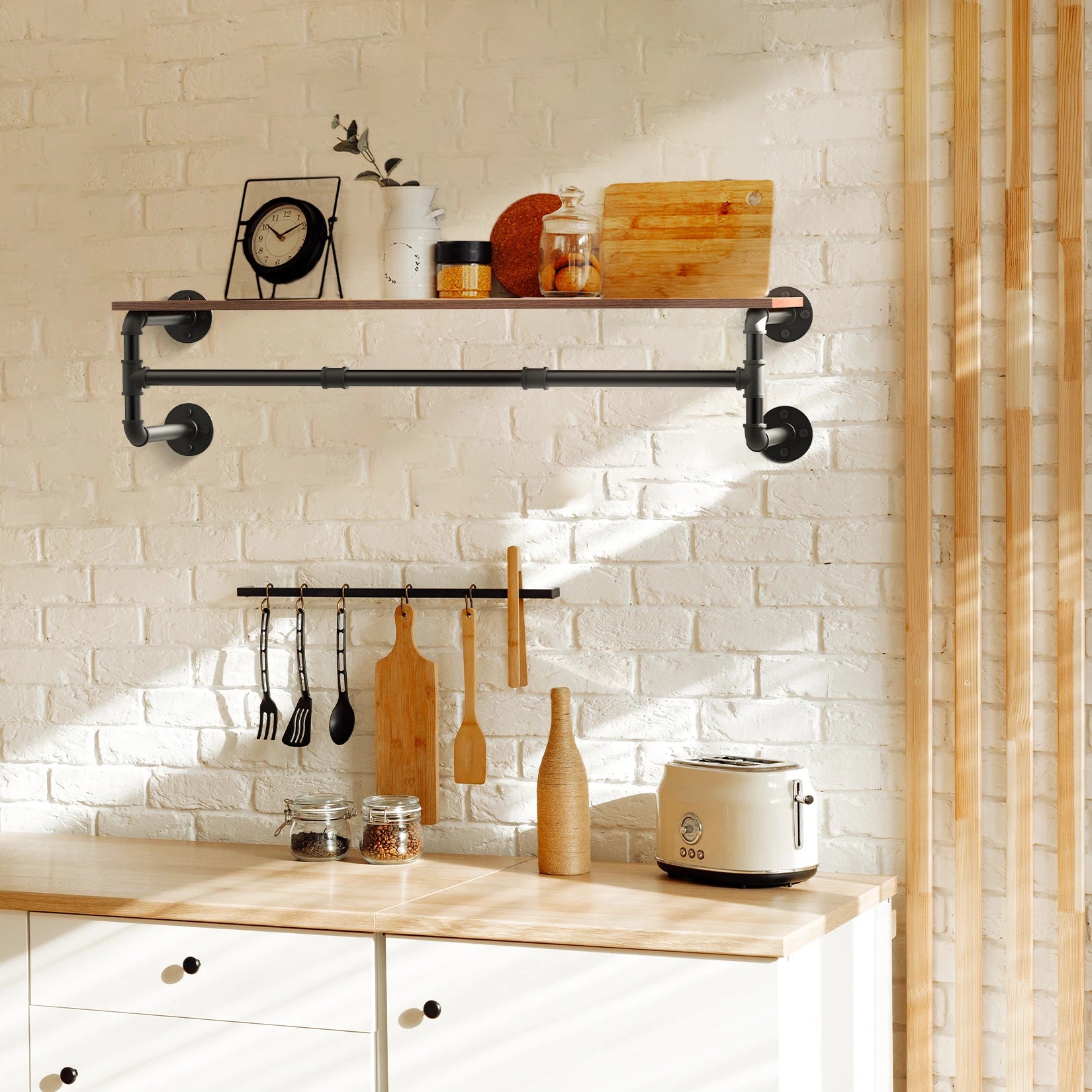 Industrial pipe clothes hanging rack with wood shelf wall mounted
