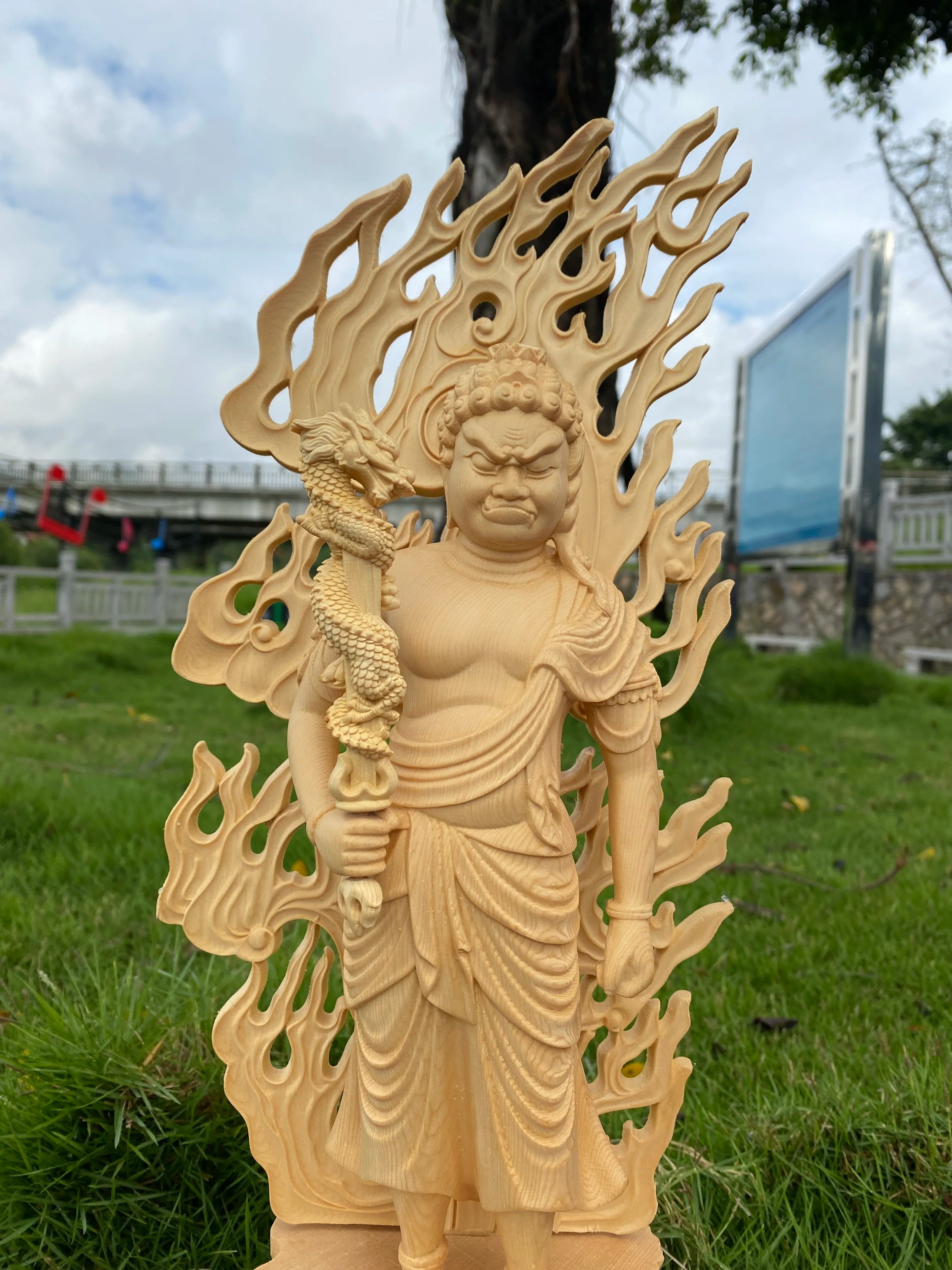 Hinoki wood hand carved fudo myoo acalanatha statue figurine with dragon sword - buddhist guardian protector home