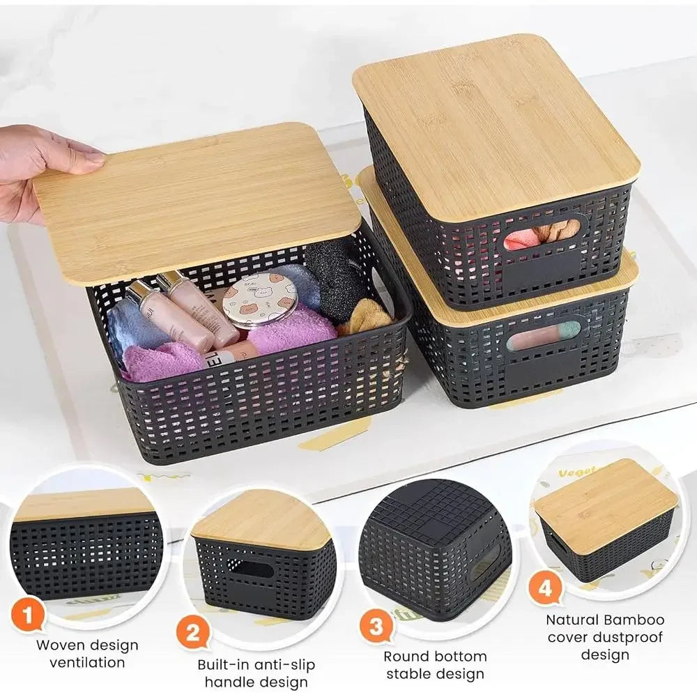 Stackable plastic storage baskets with bamboo lid portable organizing containers home kitchen bathroom closet shelf 6