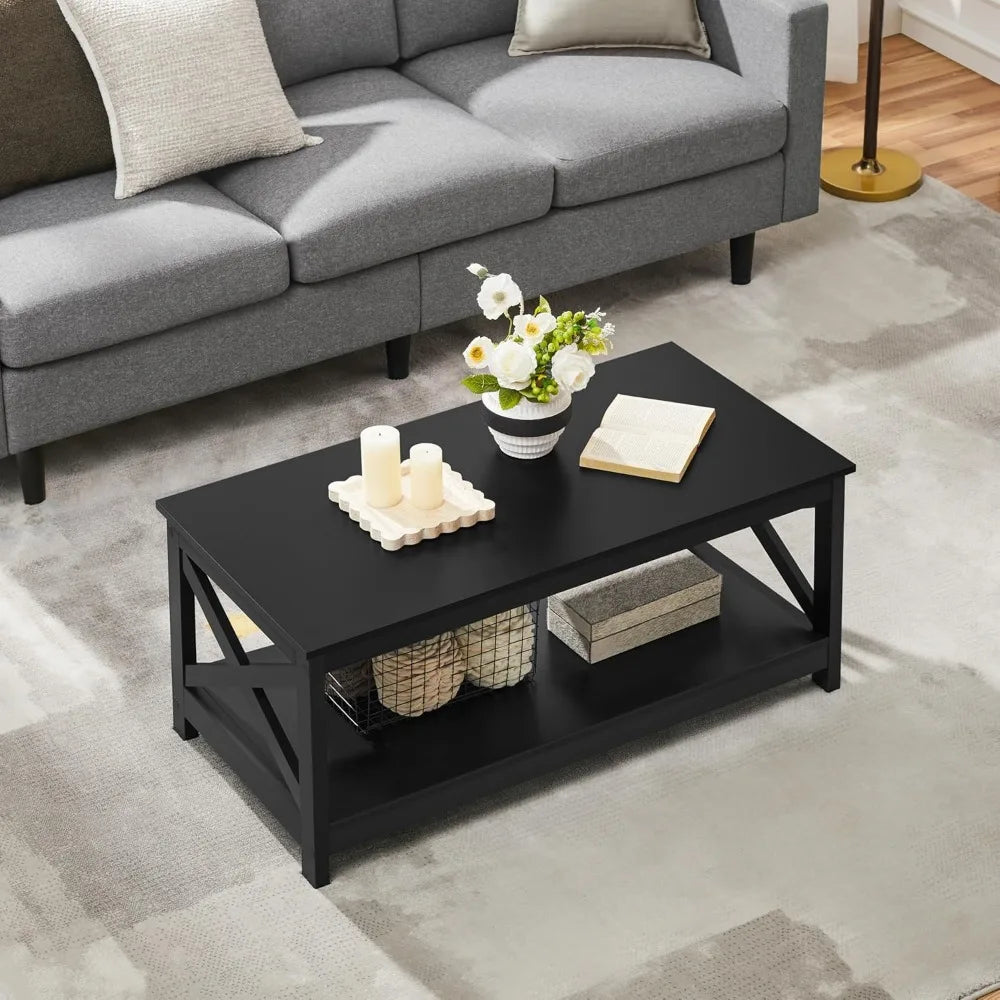 Wood coffee table with storage shelf for living room x design accent cocktail easy assembly home furniture - black