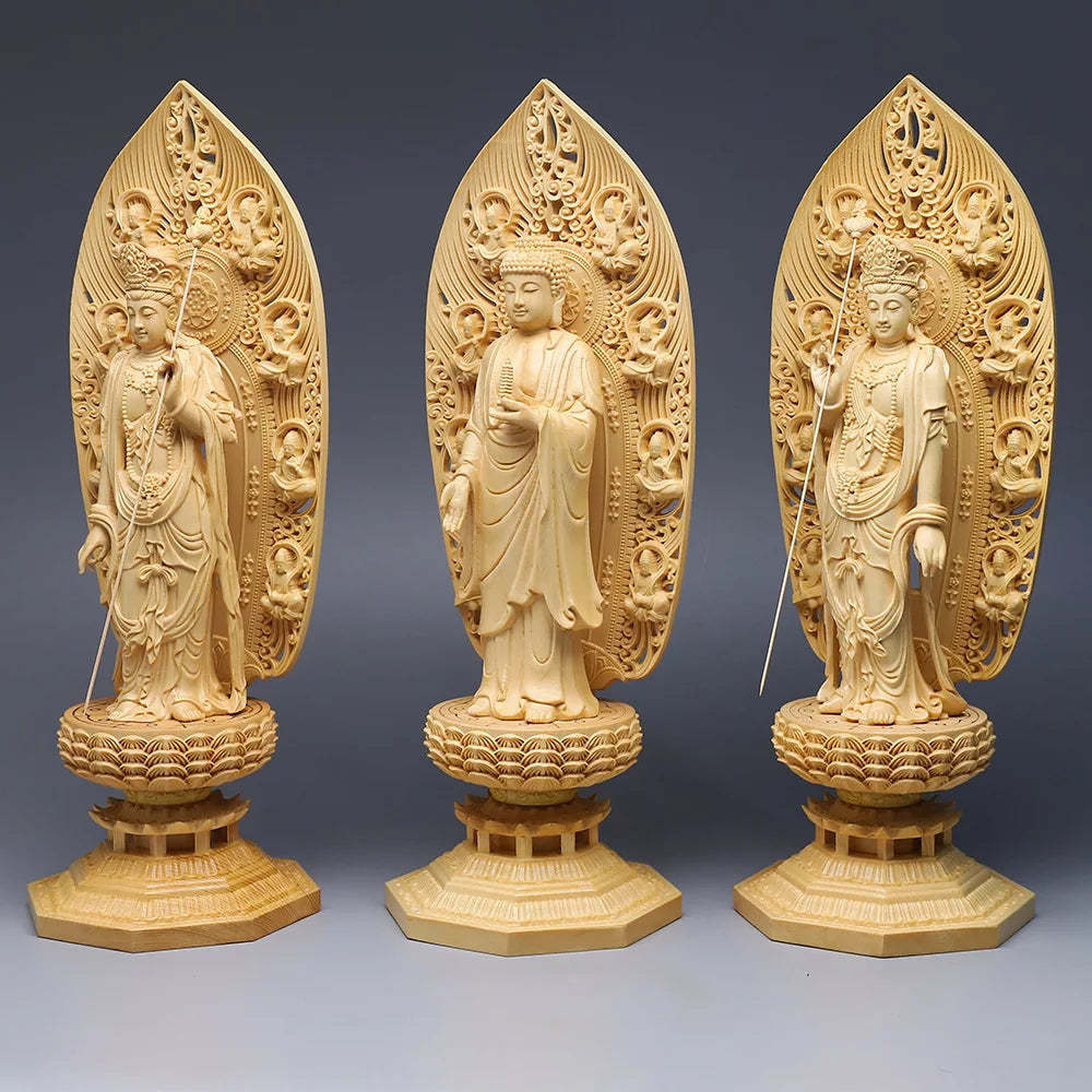 Cypress carved oriental three saints ornament solid wood sun and moonlight bodhisattva pharmacist buddha