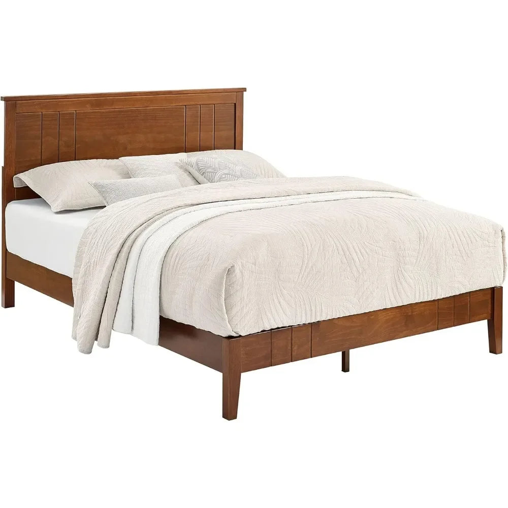 Mid-century modern solid wooden platform bed with adjustable height headboard for bedroom,king size frame - walnut