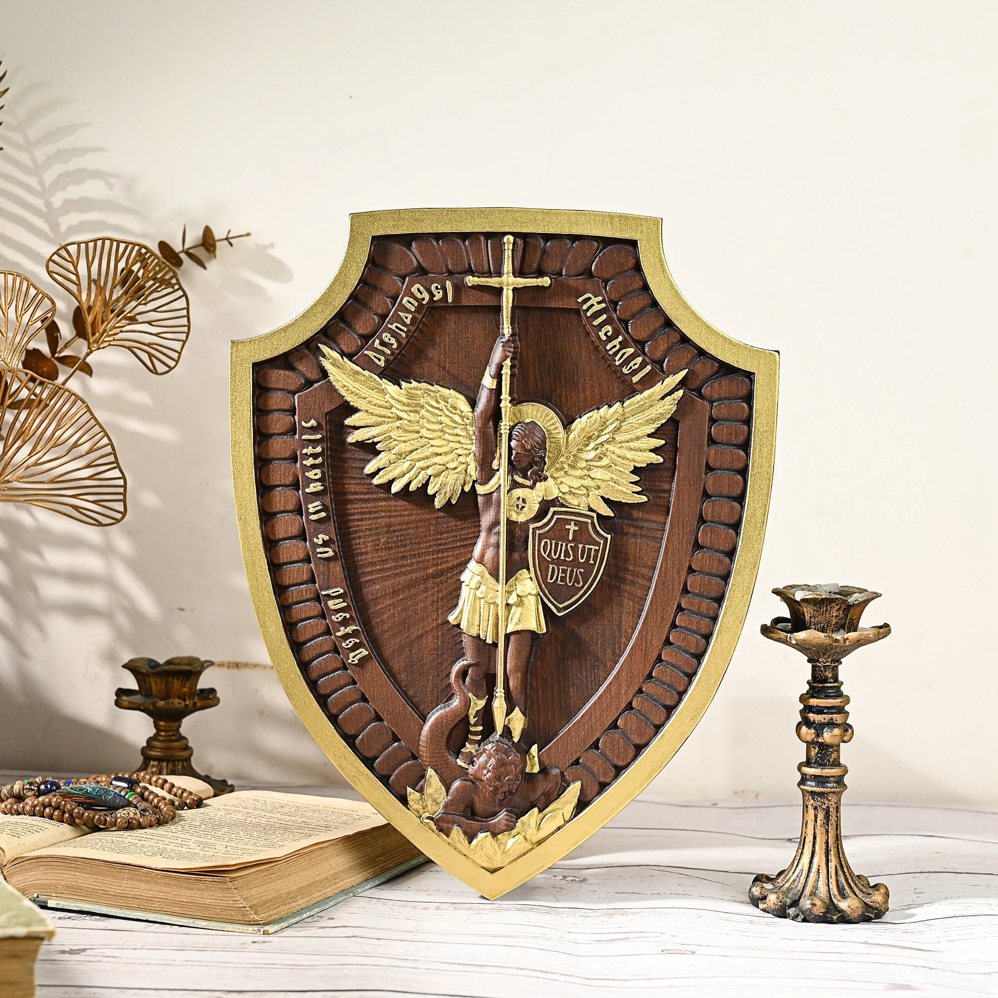 Shield of saint michael’s family wall hanging religious statue wood carving home decoration - gold / 10inch - religious
