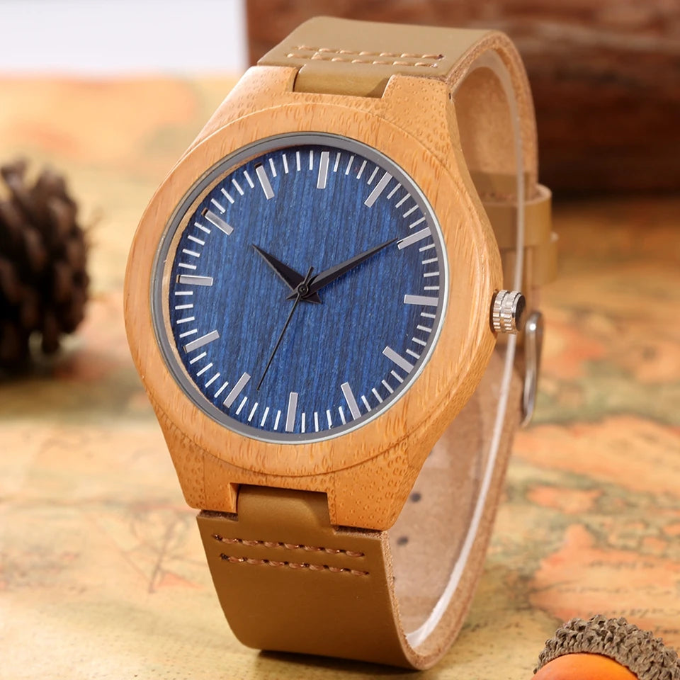 Men’s watches fashion blue dial simple leather band quartz wristwatch bamboo wooden watch male present a gift for men