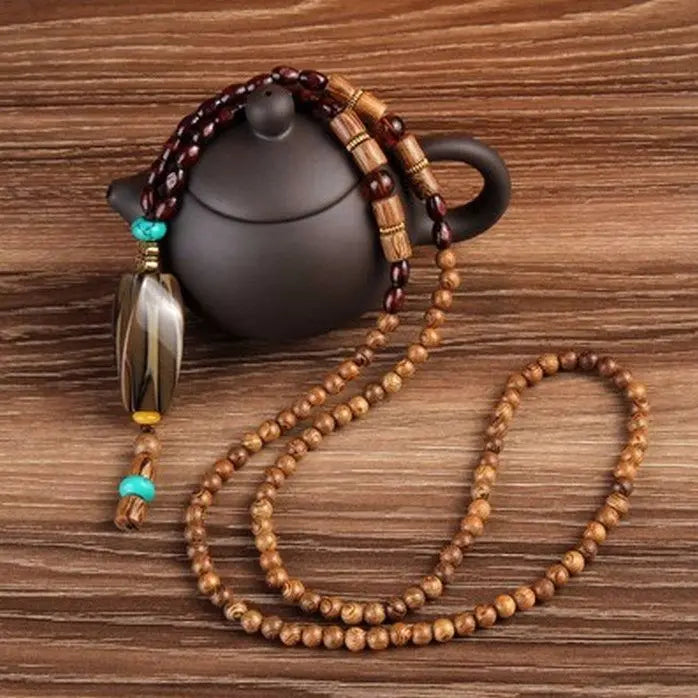 Chinese style minimalist wooden necklace long buddha bead sweater chain versatile personalized pendant men’s