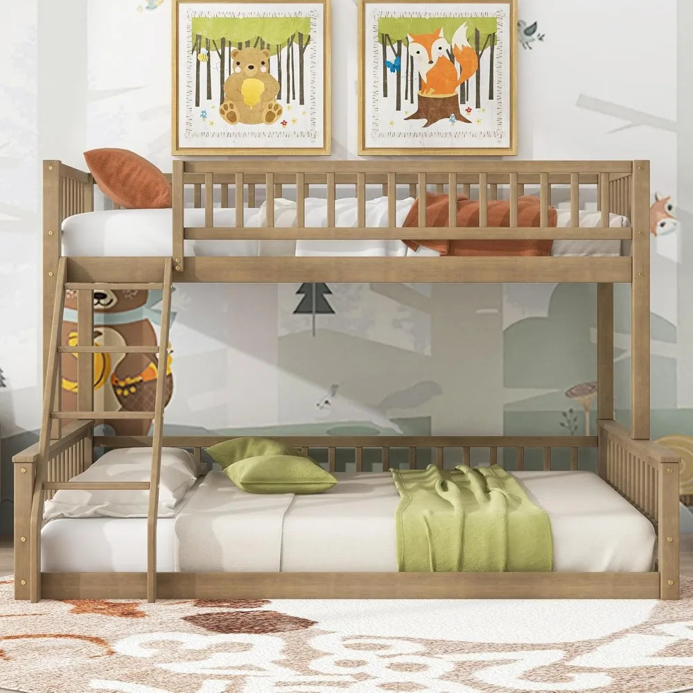 Twin xl over queen floor bunk bed kids brown wood frame with ladder & guardrails space saving teens youths beds