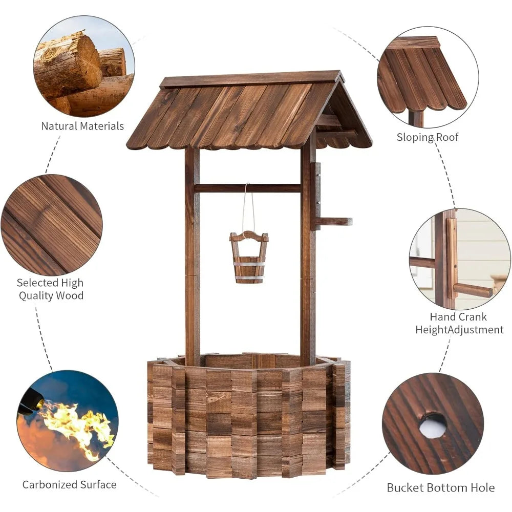 Oneinmil outdoor wooden wishing well planter with hanging bucket for flower and plants home decor patio,garden