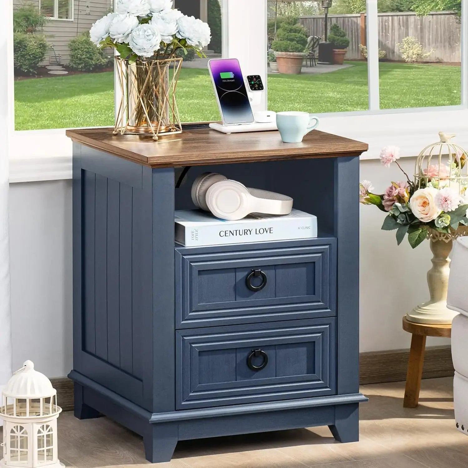 18’’ farmhouse night stand with charging station 2 drawers end table dresser for bedroom blue wooden nightstand bed