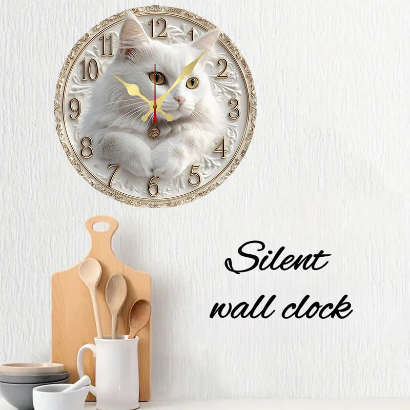 Elegant cat themed wooden round silent hanging wall clock suitable for living room,office study room bedroom home