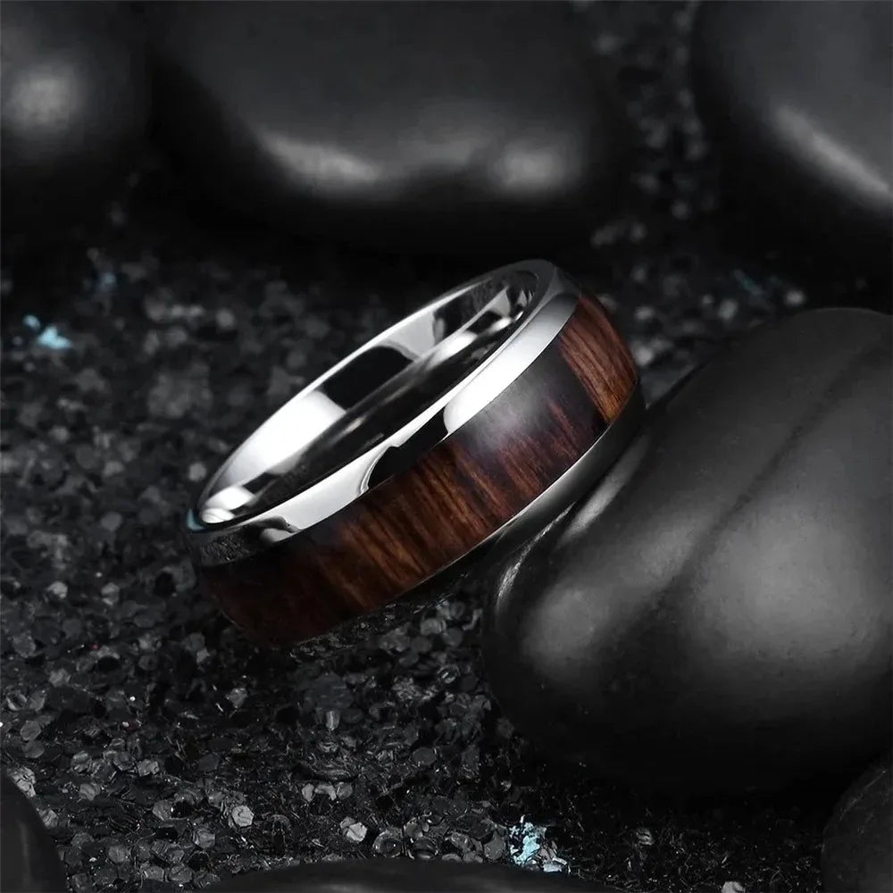Fashion 8mm silver color stainless steel rings for men women domed koa wood inlay promise wedding engagement jewelry