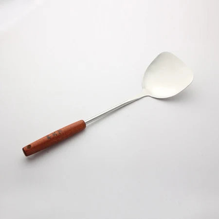 Stainless steel solid turner soup spoon wok spatula ladle with wooden handle - cooking utensils - d