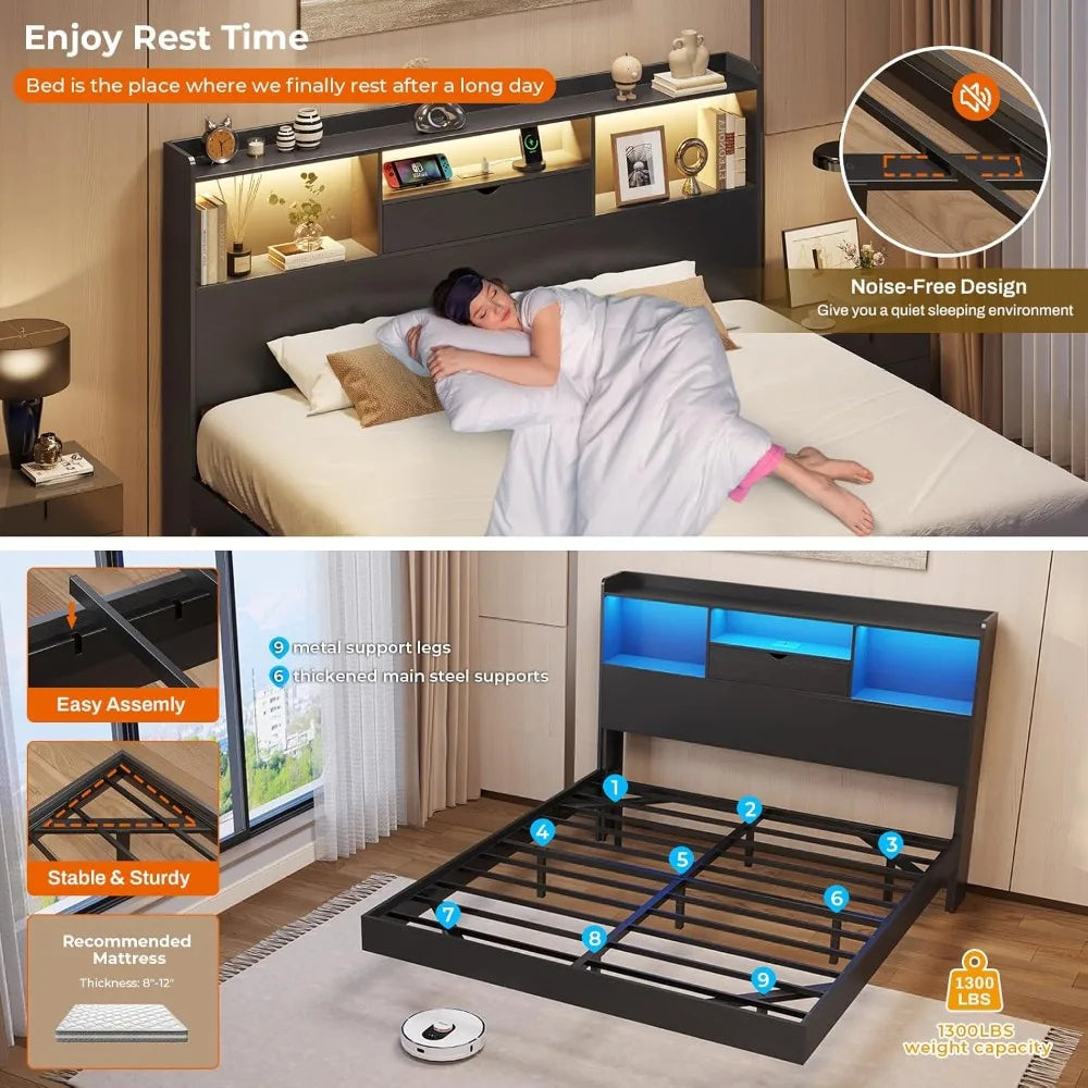 Dictac queen floating bed frame with led lights and headboard storage visual charing station size meta - united states