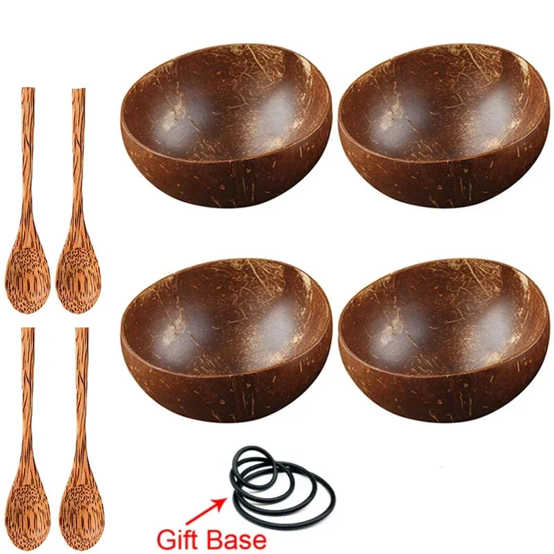 12-15cm natural coconut bowl set wooden salad ramen bowl wood spoon set coco smoothie kitchen tableware - 4 spoon