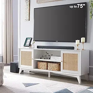 Tv stand for 75+ inch mid century modern entertainment center with natural rattan door storage shelves large boho media