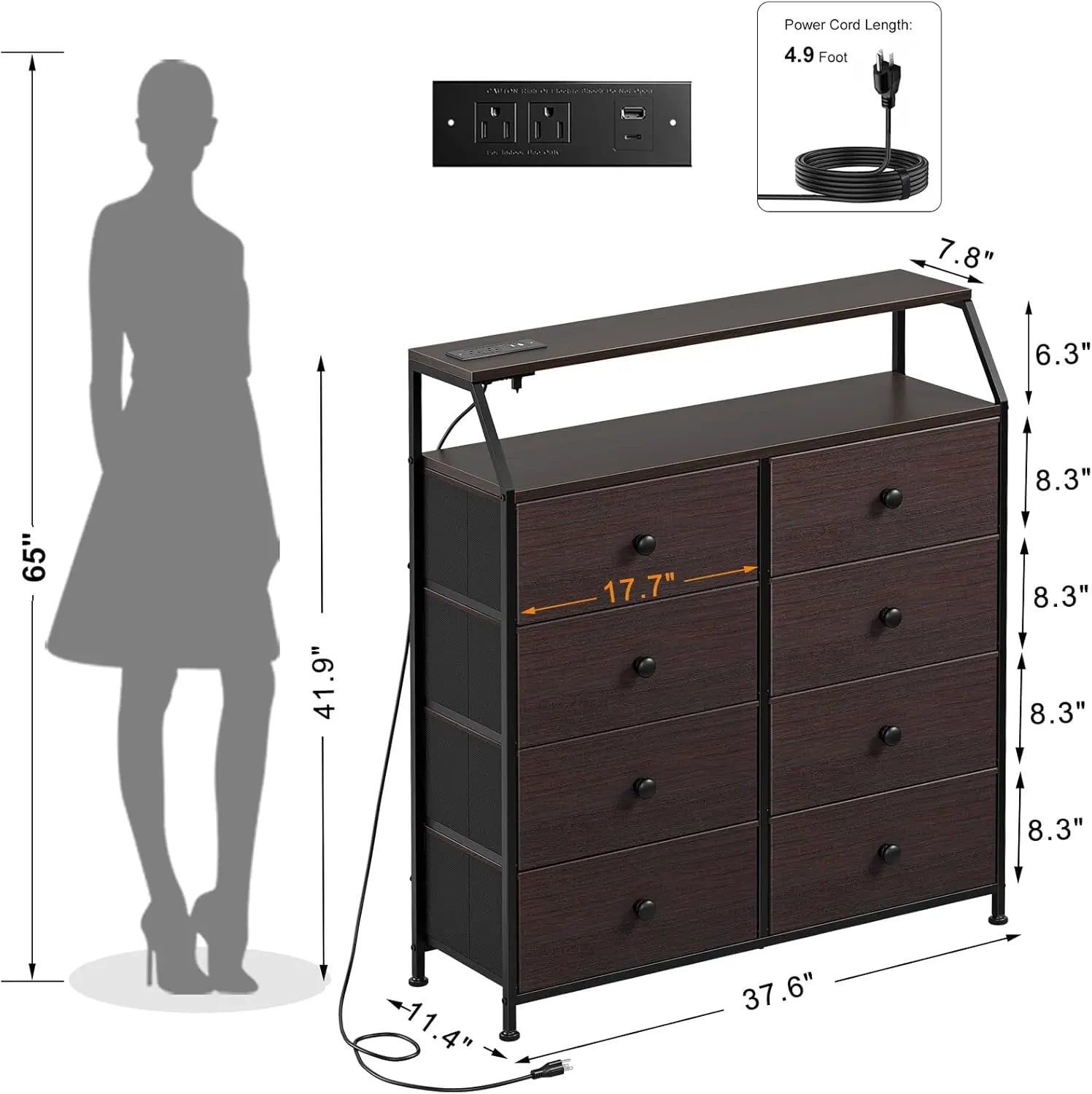 Dresser for bedroom with charging station and led lights brown tall chest of drawers shelf 2pcs wooden top large