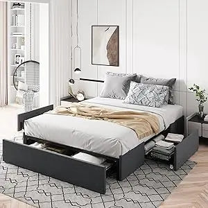 Allewie queen size platform bed frame with 3 storage drawers faux leather upholstered wooden slats support no box