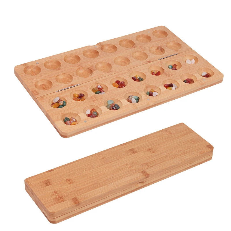 Bamboo mancala board game set folding wooden chess with 65 multi color stones strategy-based