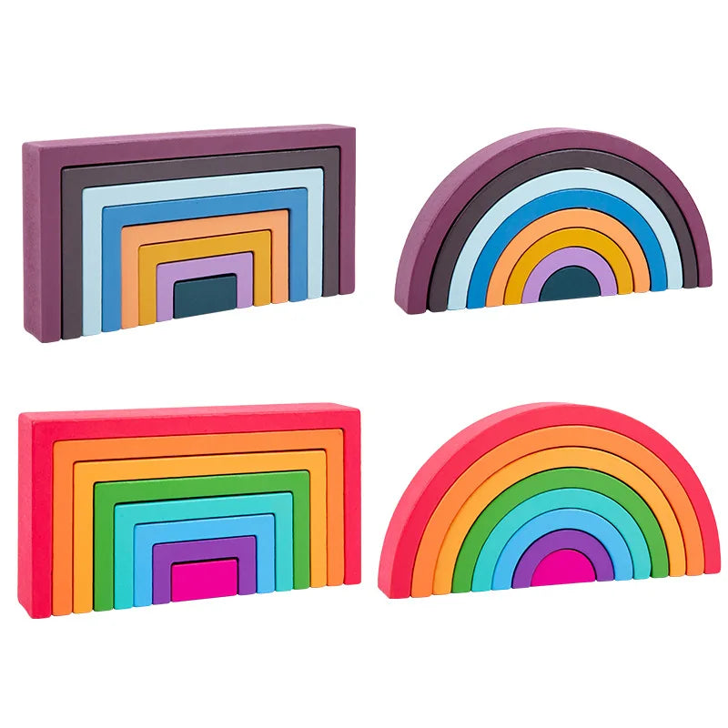 Montessori wooden rainbow stacking game,eight layers square/arch colorful stacker,color recognition building blocks