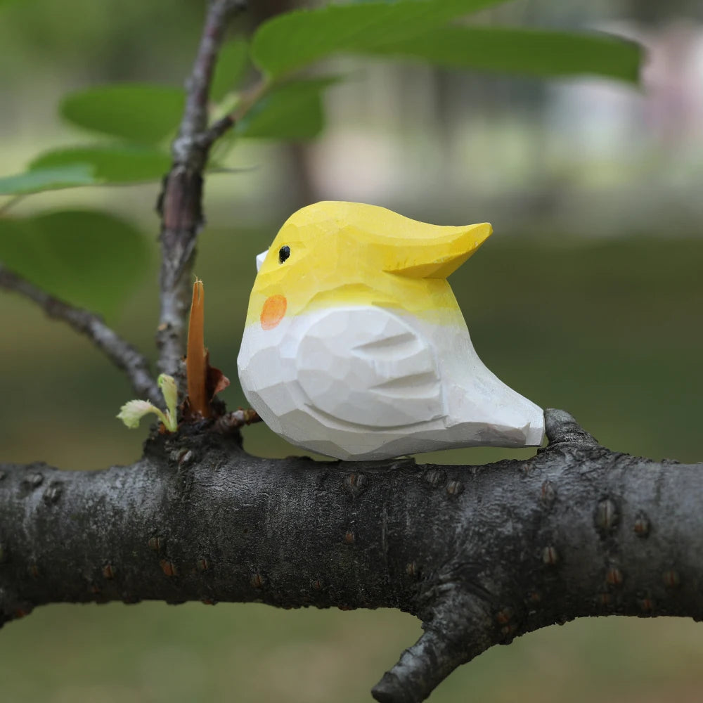 Hand-carved cockatiel figurine - wooden parrot decor for home/office unique bird lover gift cute yellow crested