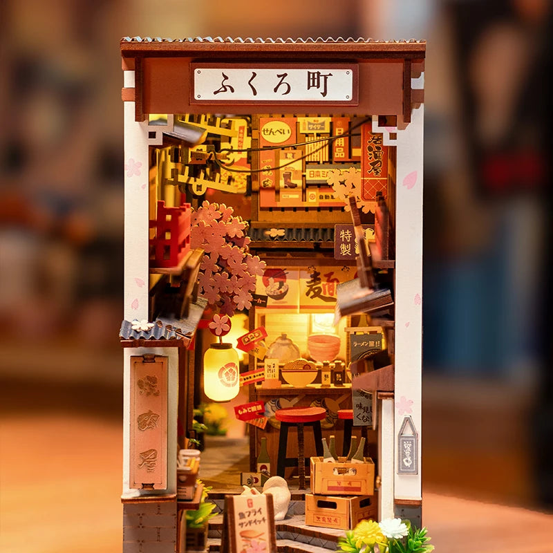 Robotime rolife sakura wine alley japanese style design book nooks kit for family home bookshelf decoration 3d diy