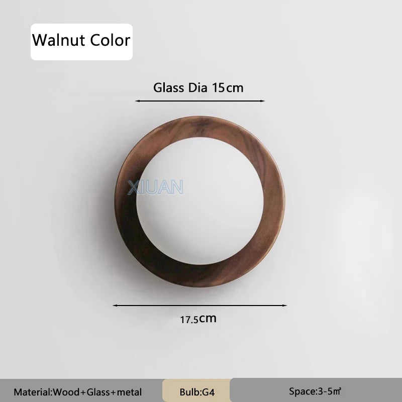 Wabi-sabi style nature wood walnut color bedroom bedside wall lights milky white round glass lamp for hallway stair