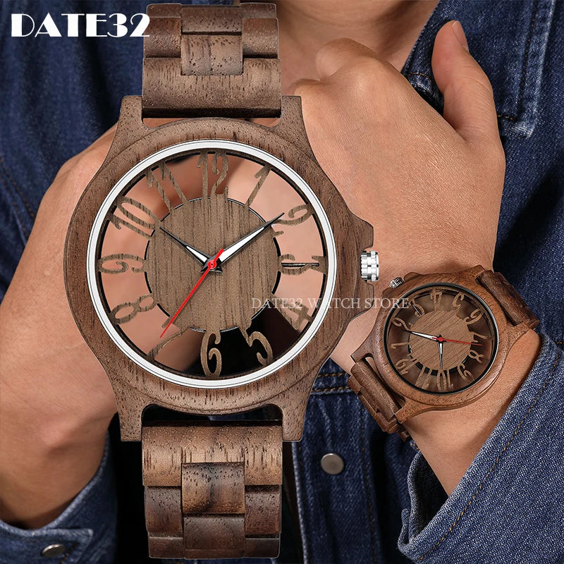 Natural bamboo wood watch for men full-wooden hollow case band watches man quartz wristwatch real wooden clock male