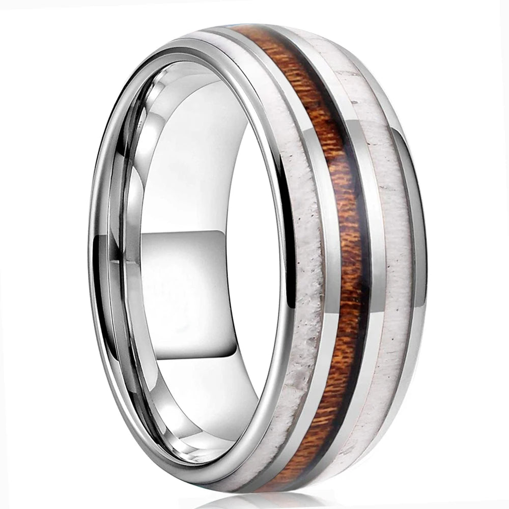 Fashion 8mm men stainless steel ring rose gold color brushed wood inlay rings for women wedding band jewelry birthday