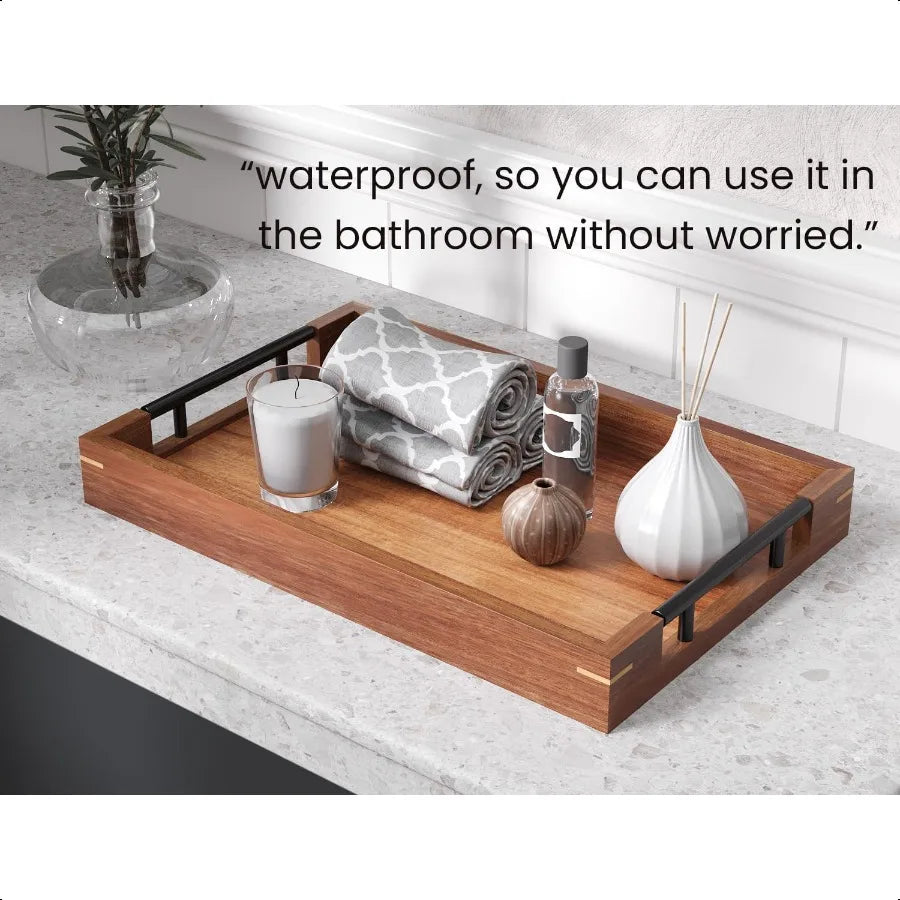 Acacia wood serving tray with metal handles15x10in ottoman decorative trays platter for coffee table living room bar