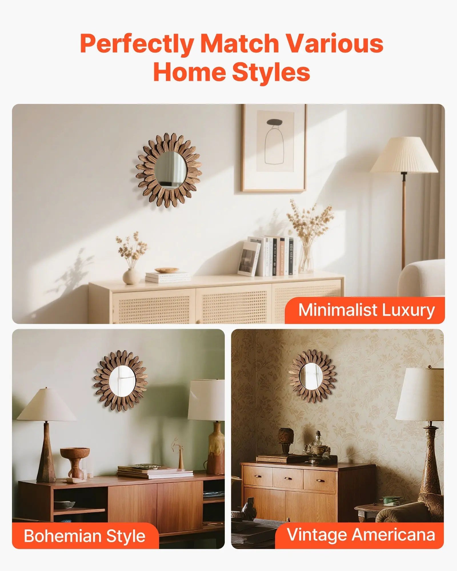 Wall mirror decorative 12’’ rustic wood sunburst design boho aesthetic for bedroom living room bathroom entryway decor