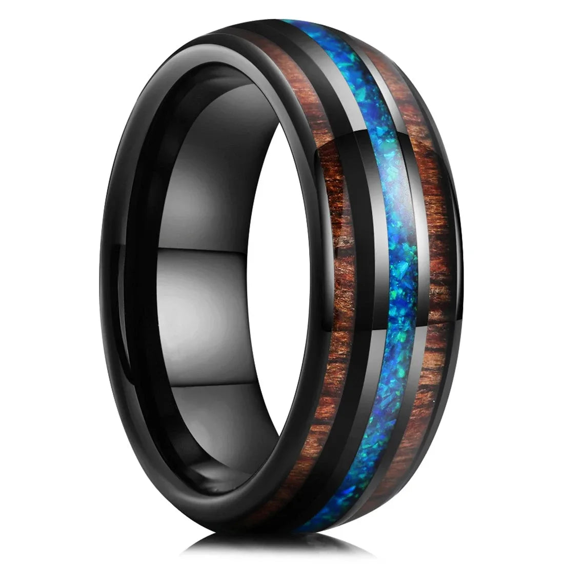 Fashion 8mm rose gold color stainless steel koa wood rings for men inlay colorful abalone shell wedding band jewelry
