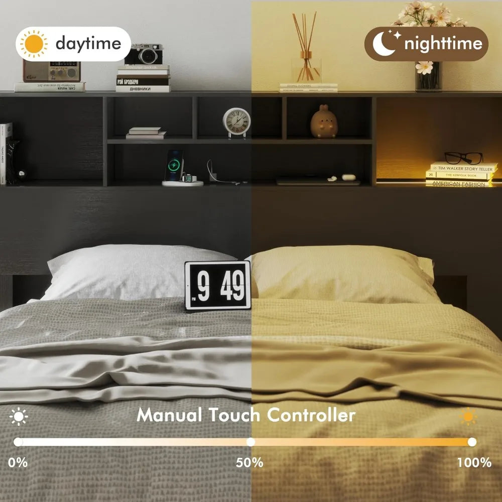 King size black storage headboard with usb ports and led lights for bedroom wood beds - united states