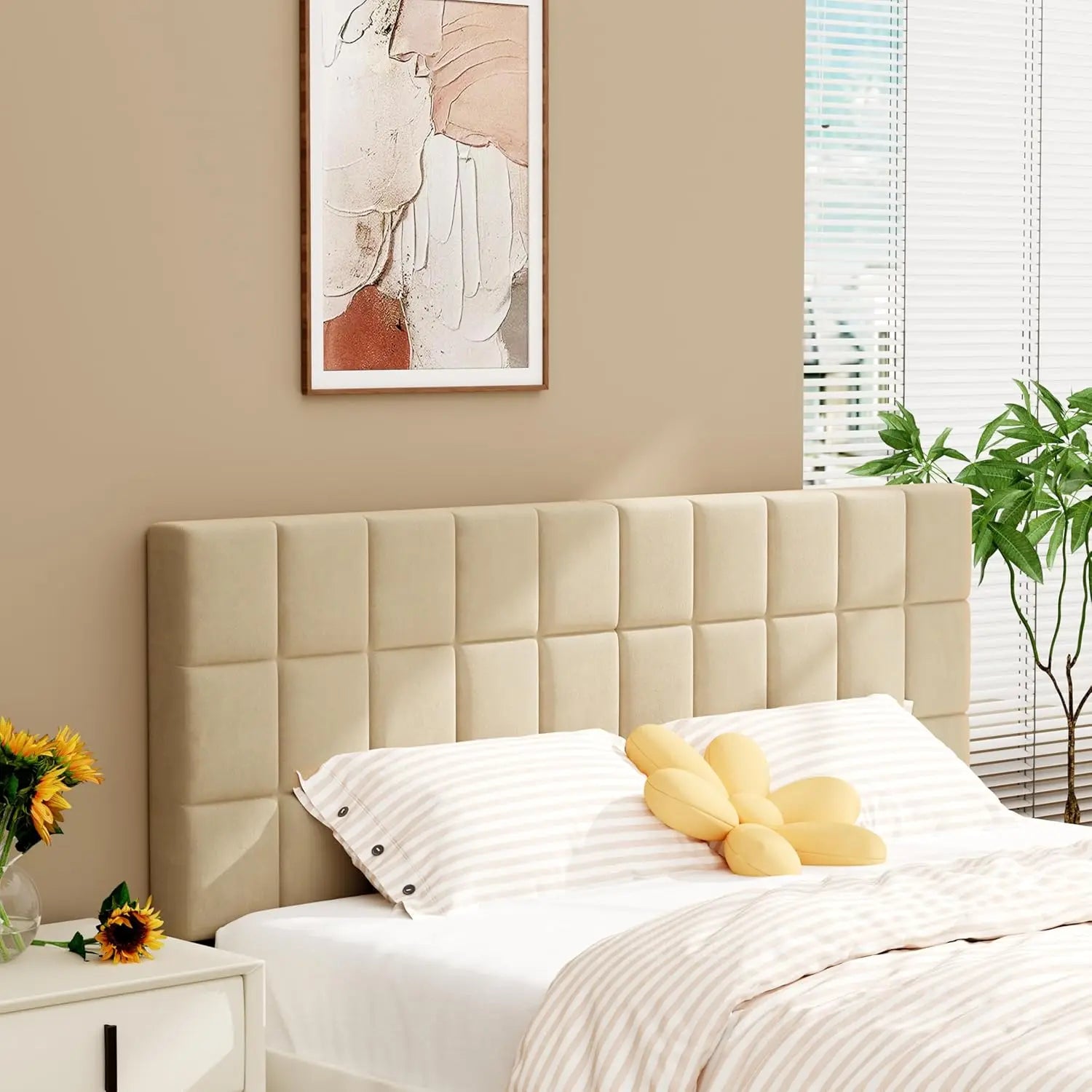 Velvet upholstered tufted king size headboard,wood head board with metal legs adjustable height from 42” to 56”