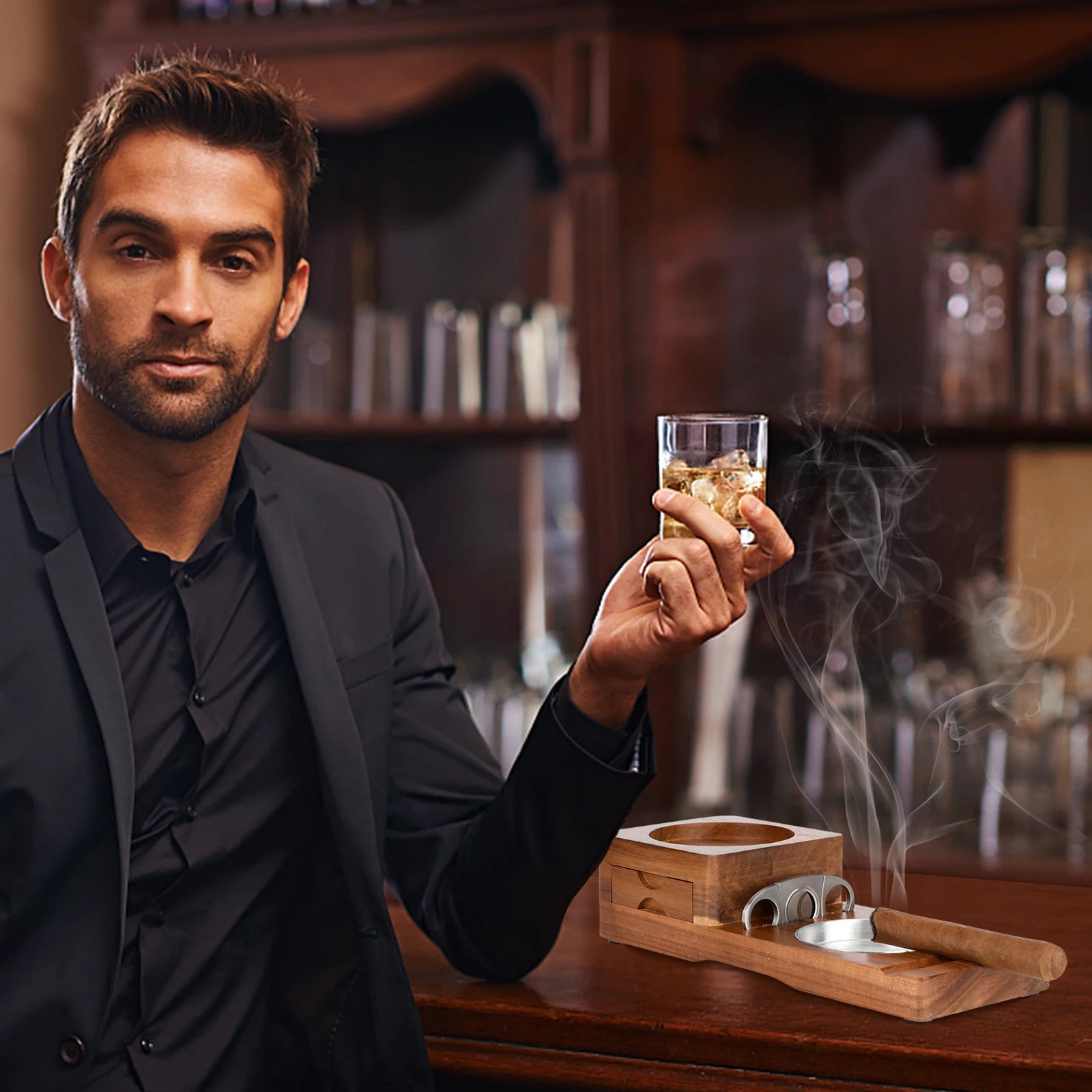 Scotte ashtray coaster whiskey glass tray & wooden ash with cigar cutter includes drawer and slot