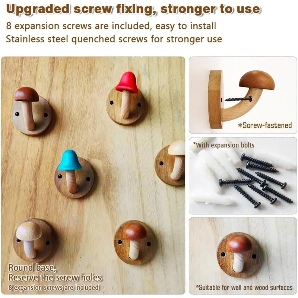Wooden mushroom coat hooks mushroom-shaped hangers wall mounted towel hanger solid wood colorful set of with scr