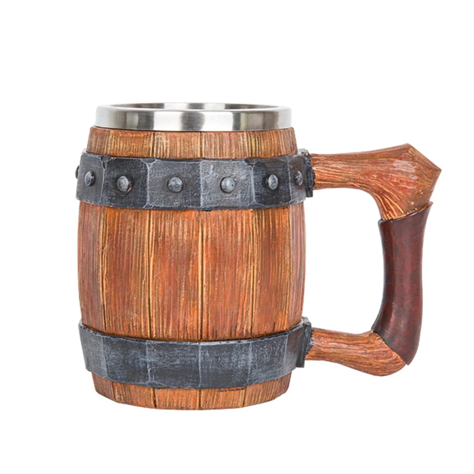 Wood barrel beer mug with rivet leather viking style resin stainless steel tankard coffee wine cup christmas men’s gift