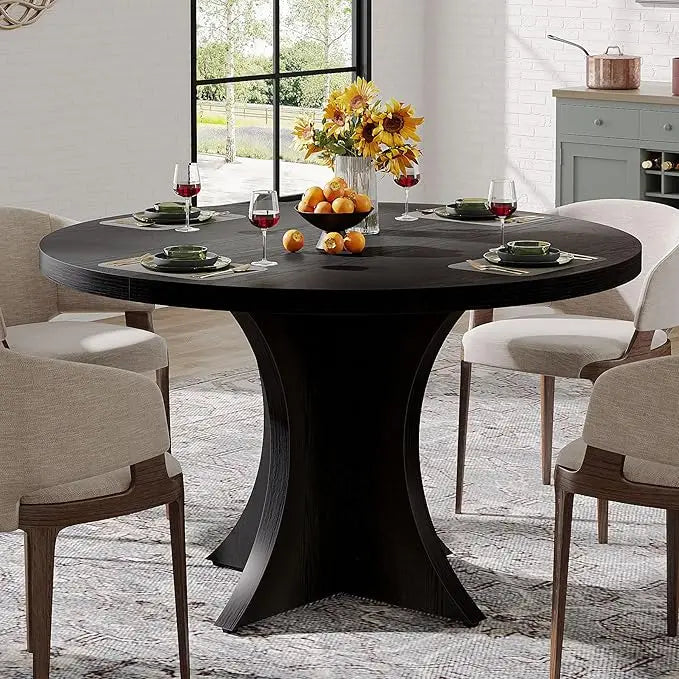 Round dining table for 4-6 47.24-inch farmhouse kitchen wood with pedestal base small dinner di - united states / black