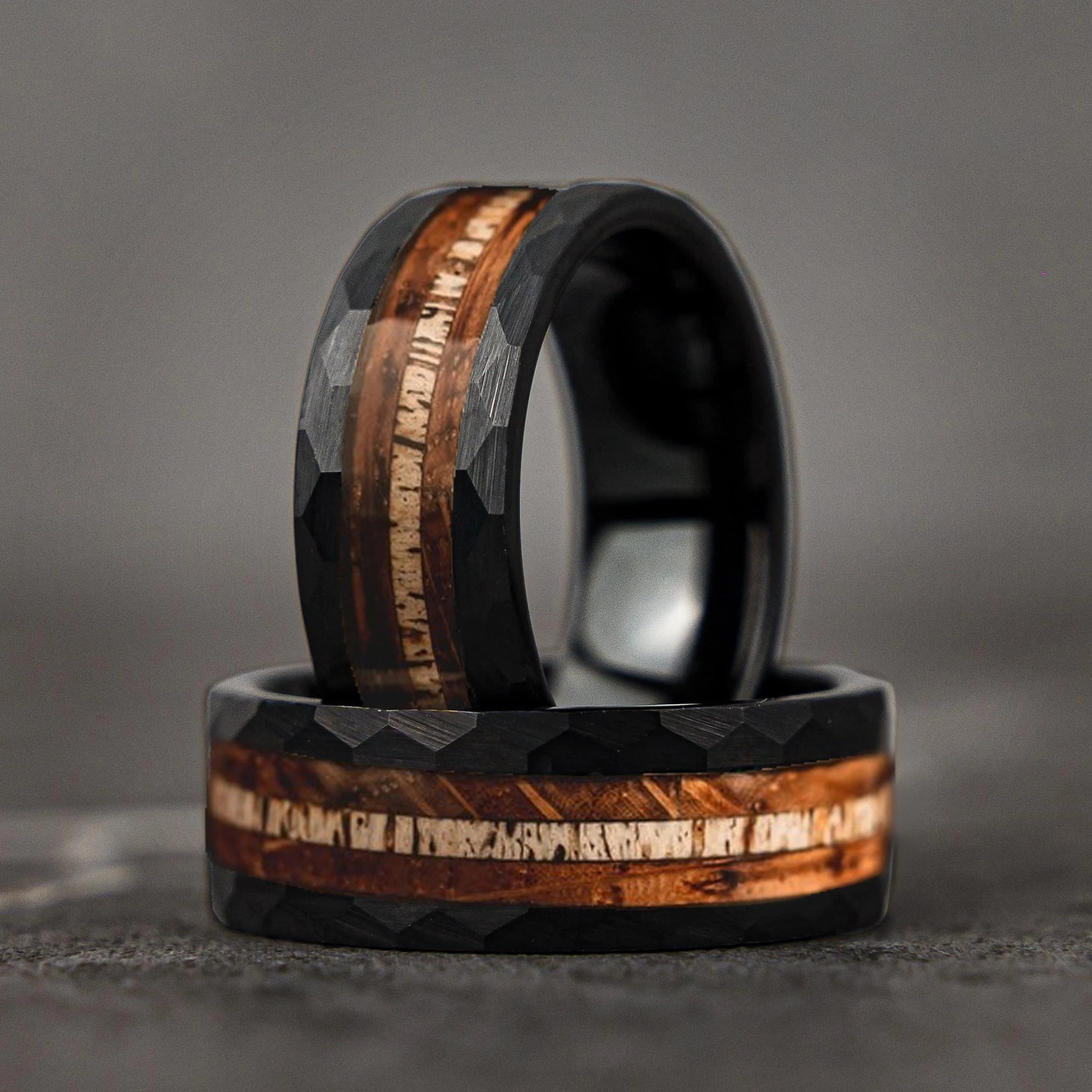 Fashion 8mm men stainless steel rings black brushed deer antler and koa wood for wedding band jewelry wholesale - ring