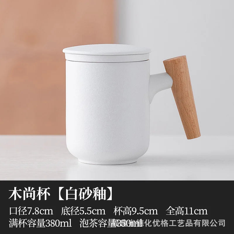 380ml teacup mugs with dustproof lid tea filter heat resistant infuser coffee cup wooden handle personal mug - b