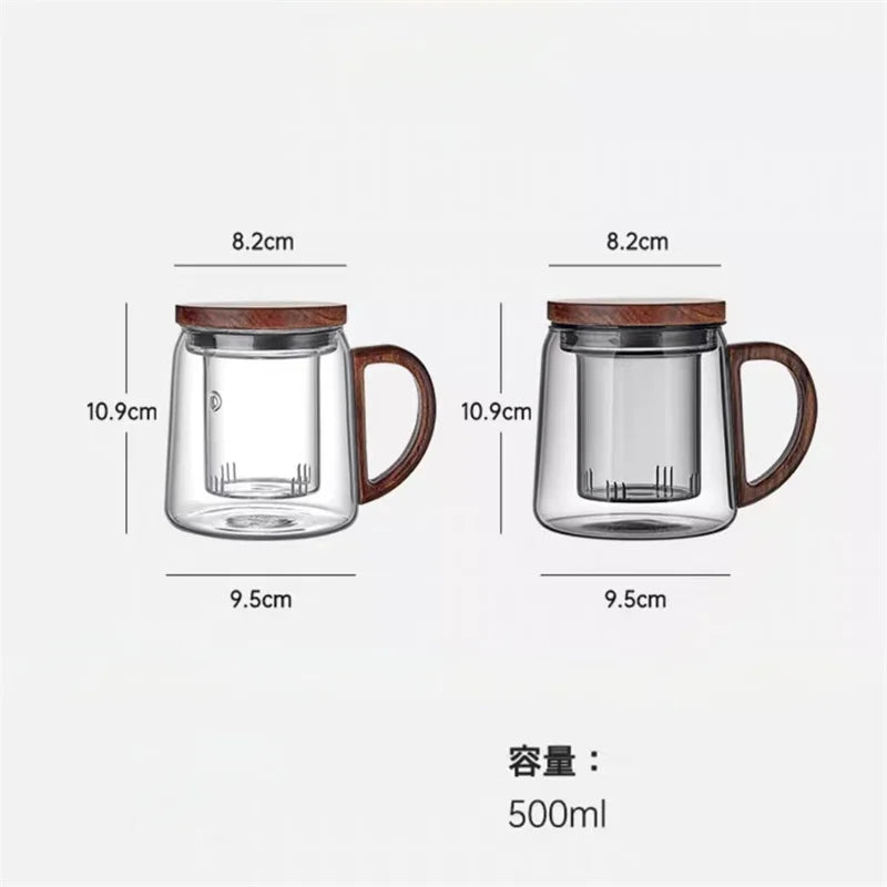 Tea water separation glass cup with walnut wooden handle chinese heat resistant puer filter cups kung fu set