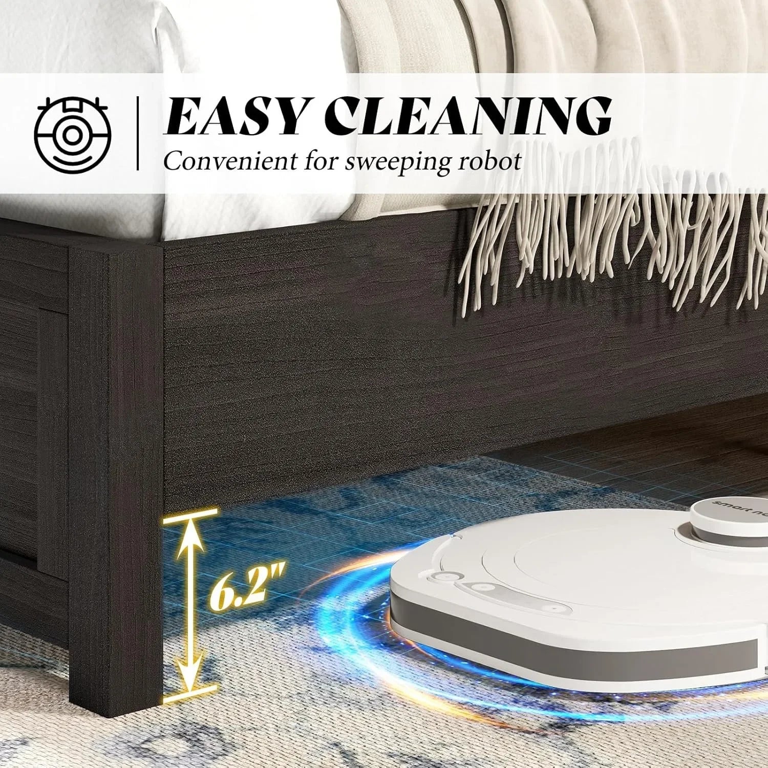 Farmhouse queen size bed frame with 49’’ tall headboard platform natural wood grain no box spring needed/noise free