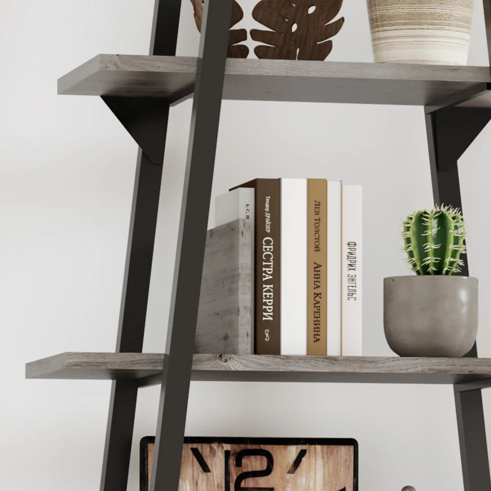 5-tier ladder shelf bookcase industrial wood bookshelf with storage rack organizer narrow open book for living room