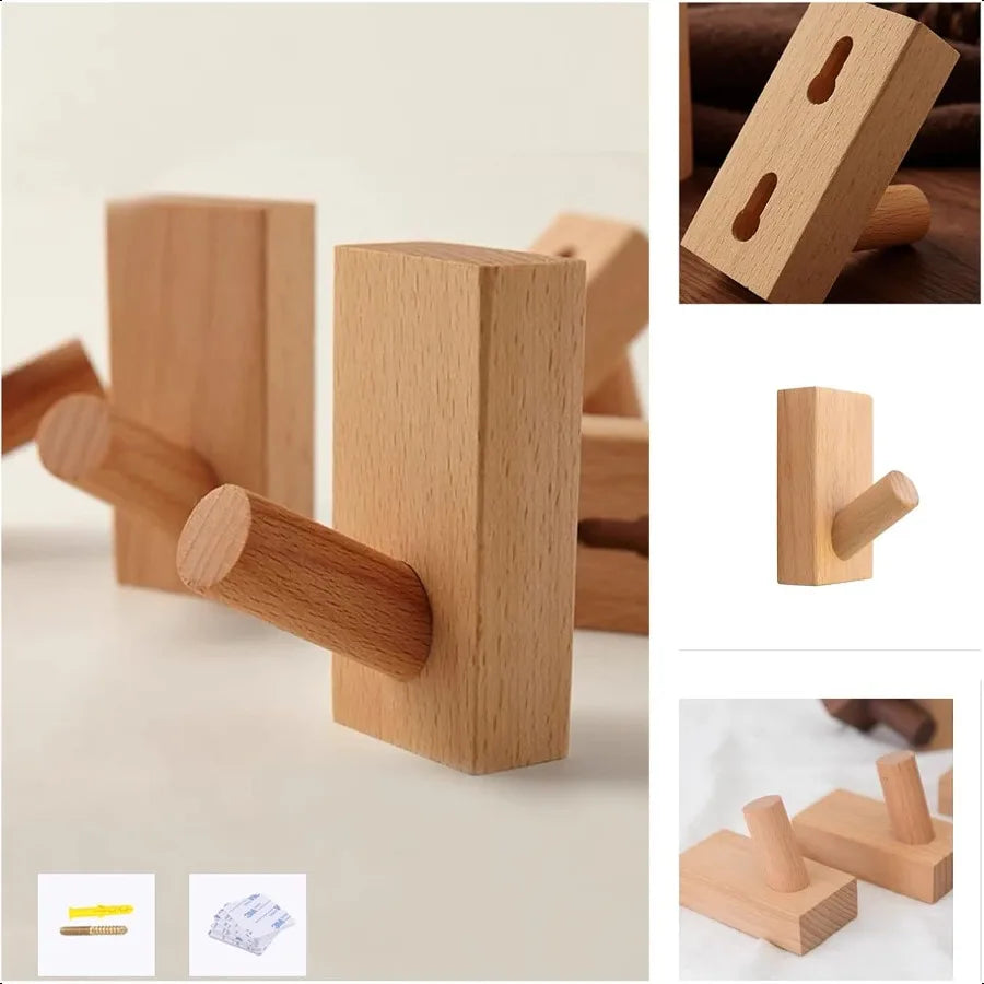 Homedo 4pack adhesive hat rack wooden coat hooks wall mounted decorative single organizer hanger towel heavy dut