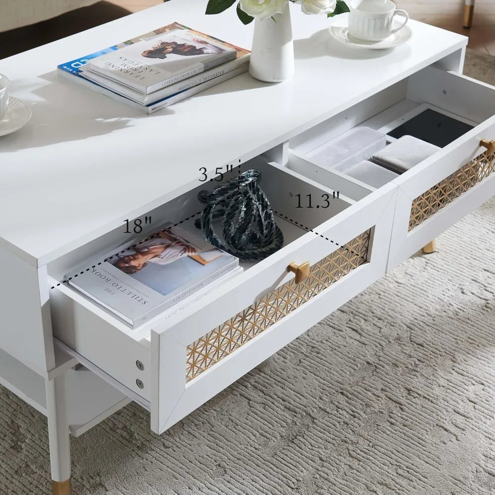 Wooden mid century modern coffee table retangle accent center with two drawers tables for living room white