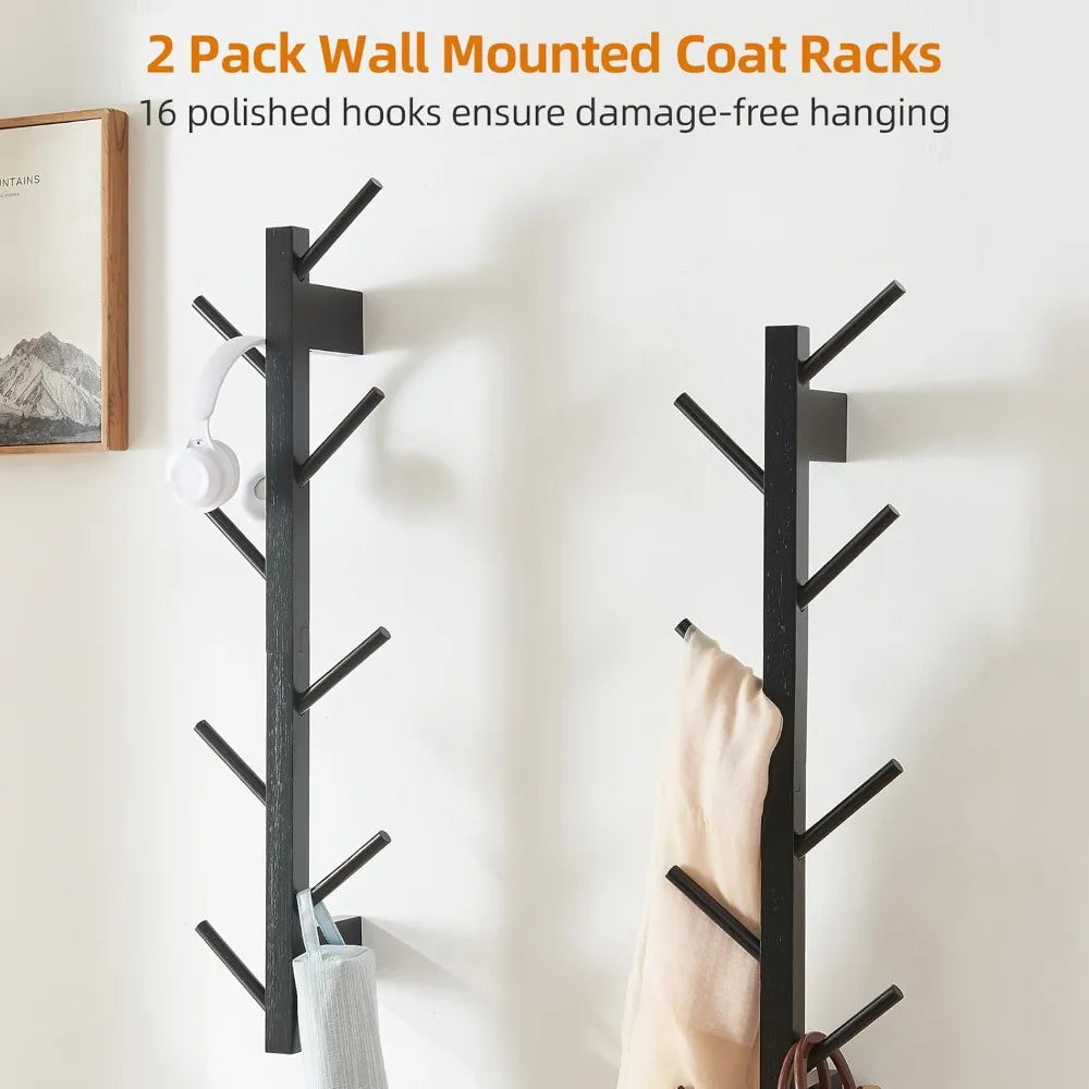 2 pack vertical wall coat rack bamboo hanging hat hooks mounted wooden hanger racks mount tree for coats hats hacket