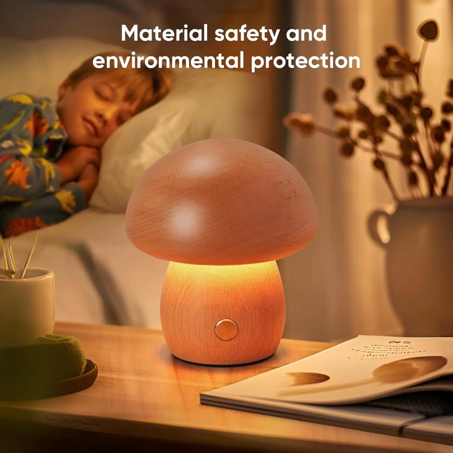 Ins led night light with touch switch wooden cute mushroom bedside table lamp for bedroom childrens room sleeping lamps