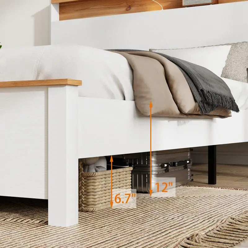 Rustic farmhouse king bed frame with storage headboard & built-in charging station classic white wood design easy